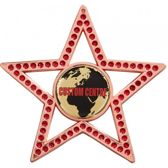 COPPER 75MM - RED STAR GEMSTONE CUSTOM VINYL DOMED MEDAL **SPARKLE**